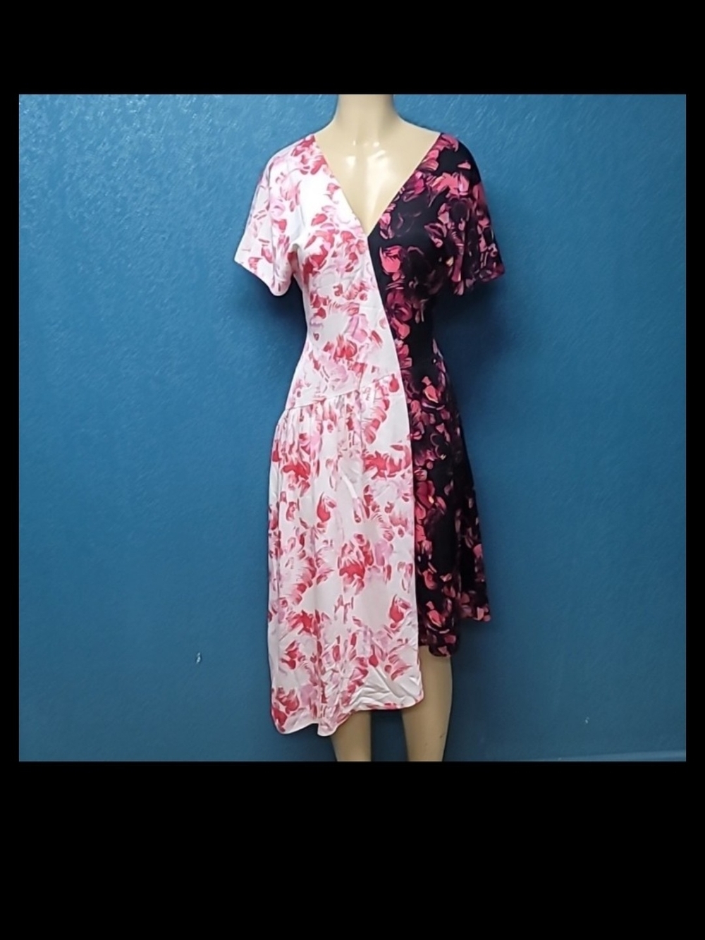 Lewit Two-Tone Floral Wrap Midi Dress - Pink & Black